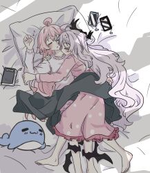  2girls ahoge barefoot black_horns black_wings blue_archive book cellphone commentary_request demon_girl demon_horns demon_wings dress e_v_e_neko highres hina_(blue_archive) hina_(pajamas)_(blue_archive) horns hoshino_(blue_archive) hug long_hair long_sleeves multiple_girls no_halo_on_purpose official_alternate_costume pajamas phone pillow pink_dress pink_hair pink_pajamas polka_dot polka_dot_pajamas shirt sleeping smartphone white_hair white_shirt wings yuri zzz 
