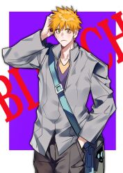  1boy bag bleach blue_bag border brown_eyes closed_mouth commentary copyright_name cowboy_shot furrowed_brow grey_jacket grey_pants hand_in_own_hair hand_in_pocket highres jacket kurosaki_ichigo looking_at_viewer male_focus orange_hair pants purple_background short_hair shoulder_bag solo spiky_hair untranslatable_commentary white_border xi_luo_an_ya 