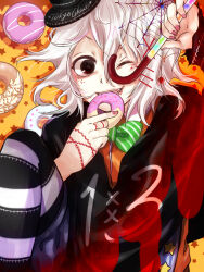  1boy androgynous arm_up black_hat black_robe bloomers bow bowtie bug cane commentary_request copyright_name diagonal-striped_bow diagonal-striped_bowtie diagonal-striped_clothes doughnut fangs food green_bow green_bowtie hair_between_eyes hair_ornament hairclip hat highres holding holding_cane holding_donut holding_food leg_up male_focus mark_under_both_eyes mini_hat mini_top_hat one_eye_closed orange_background orange_shirt parallel_hairclips red_eyes robe shirt shishi_(eai_make) short_hair silk solo spider spider_web star_(symbol) star_symbol_background stitched_hand striped_bow striped_bowtie striped_clothes striped_thighhighs suzuya_juuzou thigh-highs tokyo_ghoul top_hat white_hair x_hair_ornament 