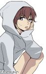  1girl aldnoah.zero bangs colored hand_on_own_cheek hoodie kneeling looking_at_viewer rayet_areash redhead shimura_takako short_hair signature simple_background solo violet_eyes white_background 