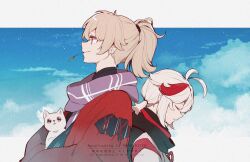 2boys animal antenna_hair artist_name back-to-back black_scarf blonde_hair blue_sky cat closed_eyes closed_mouth clouds commentary_request day genshin_impact hair_between_eyes haori head_down high_ponytail highres holding holding_animal holding_cat jagabokkuru japanese_clothes kaedehara_kazuha kazuha's_friend_(genshin_impact) kimono long_hair long_sleeves looking_ahead low_ponytail male_focus medium_hair mouth_hold multicolored_hair multiple_boys outdoors ponytail profile purple_scarf red_haori red_scarf red_streaks scarf sidelocks signature sky smile stalk_in_mouth streaked_hair watermark white_cat white_hair white_kimono wide_sleeves 
