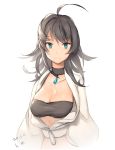  1girl 2014 ahoge aqua_eyes artist_name black_hair breasts bust cleavage coat collarbone crop_top dated jacket jewelry large_breasts looking_at_viewer midriff mt_(ringofive) necklace open_clothes open_jacket original pendant signature simple_background solo tubetop white_background 