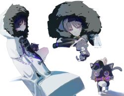  1boy :3 aiguillette animal_on_lap animalization arm_rest armor black_cat black_hair blunt_ends bright_pupils cat closed_mouth coat coat_on_shoulders commentary eyeliner fatui_coat fatui_logo feathers fur-trimmed_hood fur_trim genshin_impact gnosis_(genshin_impact) hage_80 headpat highres hood hood_up hooded_coat japanese_armor kote kurokote lapels looking_at_animal looking_at_viewer makeup male_focus mitsudomoe_(shape) multicolored_hair multiple_views on_lap person_and_animalization pom_pom_(clothes) purple_hair red_eyeliner scaramouche_(cat)_(genshin_impact) scaramouche_(genshin_impact) smile solo streaked_hair tomoe_(symbol) tsurime twitter_username untranslatable_commentary violet_eyes white_background white_coat white_hood white_pupils yellow_feathers 
