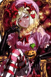  1girl absurdres beret blonde_hair bow bug butterfly chair chess_piece commentary_request dress elbow_gloves frills ga-006 gloves golden_butterfly hair_bow hair_ornament hat highres jack-o'-lantern lambdadelta latex latex_gloves light_frown multiple_hair_bows pink_dress pink_hat puffy_short_sleeves puffy_sleeves red_bow red_eyes ribbon short_hair short_sleeves sitting socks solo striped_clothes striped_socks swept_bangs thigh-highs umineko_no_naku_koro_ni 