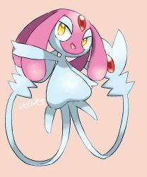  brown_background commentary_request forehead_jewel gem looking_at_viewer mesprit multiple_tails no_humans open_mouth pokemon red_gem simple_background solo tail translation_request two_tails yakiniku628 yellow_eyes 