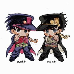  1boy belt black_eyes black_hair black_pants black_shoes chain chibi chibi_only closed_mouth commentary earrings full_body grey_shirt highres jewelry jojo_no_kimyou_na_bouken kujo_jotaro male_focus multiple_belts multiple_views neg_50asu no_nose open_mouth pants pointing pointing_forward red_shirt shirt shoes short_hair stardust_crusaders stardust_crusaders_(ova) translation_request 