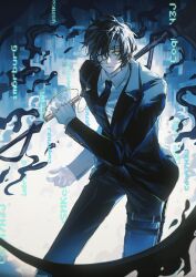  1boy black_hair black_jacket black_necktie black_pants black_suit chinese_commentary ciphertext closed_mouth collared_shirt commentary_request cracked_mask curtained_hair eye_mask feet_out_of_frame gloves gold_trim highres holding holding_scythe holster index_(identity)_(project_moon) ink jacket lapels limbus_company long_sleeves looking_at_viewer male_focus mask mask_over_one_eye necktie notched_lapels over_shoulder pants parted_bangs project_moon reverse_grip revision scythe shirt short_hair sidelocks smile solo suit suit_jacket thigh_holster weapon weapon_over_shoulder white_gloves white_shirt wing_collar xiaorourose yellow_eyes yi_sang_(project_moon) 