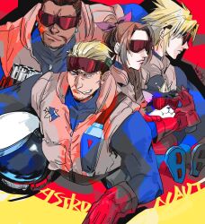  1girl 3boys adjusting_eyewear aerith_gainsborough artist_name bakusou_kyoudai_let's_&amp;_go!! barret_wallace beard black_hair blonde_hair blue_eyes blue_shirt braid braided_ponytail brett_astaire brown_hair cait_sith_(final_fantasy) cid_highwind cigarette cloud_strife commentary_request crown dark-skinned_male dark_skin earrings eyewear_on_head facial_hair fangs fangs_out final_fantasy final_fantasy_vii final_fantasy_vii_rebirth final_fantasy_vii_remake frown gloves grey_jacket hair_ribbon hair_slicked_back helmet hey53orz highres holding holding_unworn_helmet jacket jewelry long_hair mini_crown multiple_boys parted_bangs pink_ribbon prosthetic_weapon red_gloves ribbon shirt short_hair sidelocks single_braid smoking spiky_hair tuxedo_cat unworn_headwear unworn_helmet upper_body very_short_hair 