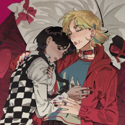  2girls animal_collar black_eyes black_hair black_nails blonde_hair blue_hair blue_shirt braid checkered_sweater_vest collar collared_shirt commentary earrings english_commentary enid_sinclair hair_ornament hairclip heart heart_earrings highres hood hoodie jewelry long_hair multicolored_hair multiple_girls pillow pink_hair pink_nails purple_nails red_hoodie red_nails shirt short_hair sleeping streaked_hair sxnhinata the_addams_family twin_braids valentine wednesday_(netflix) wednesday_addams white_shirt yuri 