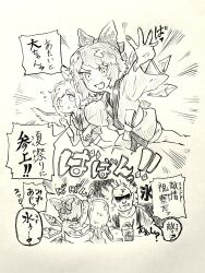  1boy 2girls absurdres alternate_costume bald bow cirno commentary_request commission daiyousei detached_wings fairy fairy_wings fang flying_sweatdrops food hair_bow happi highres ice ice_wings japanese_clothes long_sleeves menotama multiple_girls open_mouth shaved_ice skeb_commission smile speech_bubble summer_festival sweat sweatdrop touhou traditional_media translation_request wide_sleeves wings 