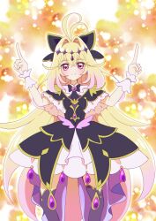  1girl @est@ antenna_hair black_dress blonde_hair bow commentary_request cure_arcana_shadow dress highres index_finger_raised long_hair looking_at_viewer magical_girl meitantei_precure! moria_luluka pink_eyes pointing pointing_up precure smile solo thigh-highs very_long_hair wrist_cuffs 