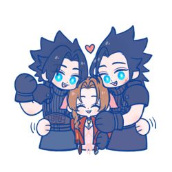  105zz 1girl 2boys armor black_gloves black_hair blue_eyes blush bracelet brown_hair closed_eyes commentary_request cowboy_shot crisis_core:_final_fantasy_vii cropped_legs cross_scar dress dual_persona facing_viewer final_fantasy final_fantasy_vii final_fantasy_vii_remake gloves hair_ribbon hand_on_another's_hip heart height_difference hetero jacket jewelry long_hair looking_at_viewer motion_lines multiple_boys official_alternate_hairstyle open_mouth parted_bangs pink_dress pink_ribbon red_jacket ribbed_sweater ribbon scar scar_on_cheek scar_on_face shoulder_armor sleeveless sleeveless_turtleneck spiky_hair sweater turtleneck turtleneck_sweater white_background 