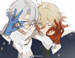  2boys alternate_costume antenna_hair arm_tattoo black_vest blonde_hair blue_eyes blue_gloves blue_jacket braid chest_tattoo commentary_request english_commentary eyokiki facial_tattoo glasses gloves gradient_hair honkai:_star_rail honkai_(series) jacket layered_sleeves long_sleeves looking_at_viewer male_focus medium_hair mixed-language_commentary multicolored_hair multiple_boys mydei_(fig_stew)_(honkai:_star_rail) mydei_(honkai:_star_rail) one_eye_closed parted_bangs phainon_(honkai:_star_rail) red_gloves red_hair red_tattoo scarf shirt short_hair side_braid tattoo vest watermark weibo_watermark white_hair white_scarf white_shirt winter_clothes yellow_eyes 