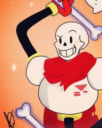  1boy 2021 2d armor bone cape digital_media dual_wielding fika_(duckykun) gloves highres holding holding_bone humanoid male male_focus male_only monster monster_boy orange_background papyrus_(undertale) red_cape red_gloves signature simple_background skeleton solo teeth undead undertale upper_body utdr_(toby_fox) white_armor 