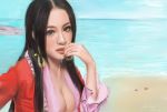  1girl 2014 ak8722433 artist_name beach black_eyes black_hair blue_sky boa_hancock breasts bust cleavage dated earrings eyebrows eyelashes finger_to_mouth fingernails jewelry lips looking_at_viewer nose one_piece parted_lips photorealistic sky solo teeth 