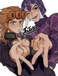  2boys commentary_request copyright_name giorno_giovanna green_eyes guido_mista gyaru_v highres jojo_no_kimyou_na_bouken looking_at_viewer male_focus multiple_boys neg_50asu one_eye_closed open_mouth pectoral_cleavage pectorals purple_sweater pursed_lips sweater v vento_aureo white_background 
