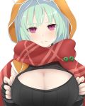  1girl blue_hair breasts fingerless_gloves gloves highres large_breasts magatama naraku_(senran_kagura) open-chest_sweater scarecrow senran_kagura senran_kagura_(series) short_hair simple_background solo turtleneck violet_eyes watarui white_background 