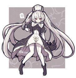  ! 1girl black_boots black_dress boots dress eyebrows_hidden_by_hair flat_chest full_body hisui_(syarute) holding juliet_sleeves long_hair long_sleeves looking_at_viewer open_mouth original puffy_sleeves red_eyes solo spoken_exclamation_mark thigh-highs twintails two-tone_dress very_long_hair white_dress white_hair white_thighhighs 