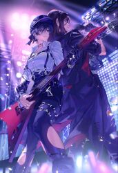  1boy 1girl art_program_in_frame back-to-back belt black_boots black_choker black_coat black_gloves black_hair black_hat black_jacket black_pantyhose boots breasts brown_hair chain chain_necklace chest_harness choker coat collared_shirt cross cross_earrings earrings electric_guitar eren_yeager feet_out_of_frame gloves grey_eyes guitar hair_between_eyes harness hashtag-only_commentary hat highres instrument jacket jewelry light_smile long_coat long_sleeves medium_breasts medium_hair mikasa_ackerman multiple_earrings necklace official_alternate_costume pantyhose parted_lips scar scar_on_cheek scar_on_face shingeki_no_kyojin shirt short_hair stage_lights studded_belt studded_thigh_strap thigh_strap torn_clothes torn_pantyhose twitter_username white_shirt yun_(dl2n5c7kbh8ihcx) 