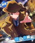 &gt;;) ;) brown_hair character_name hat idolmaster idolmaster_million_live! looking_at_viewer necktie official_art one_eye_closed pointing police police_car side_ponytail smile trench_coat violet_eyes yokoyama_nao 