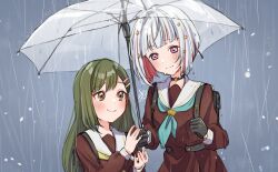  2girls aqua_neckerchief backpack bag black_bag black_choker black_gloves bob_cut brown_dress choker commentary_request dress gloves green_hair grey_background grey_hair hair_ornament hairclip hasu_no_sora_school_uniform height_difference highres holding holding_umbrella inverted_bob kyaku_tasu link!_like!_love_live! long_hair long_sleeves love_live! multiple_girls neckerchief o-ring o-ring_choker ogami_sachi parallel_hairclips rain sailor_collar sailor_dress school_uniform shared_umbrella short_hair star_(symbol) star_hair_ornament transparent transparent_umbrella umbrella virtual_youtuber white_sailor_collar winter_uniform yellow_neckerchief yugiri_tsuzuri 