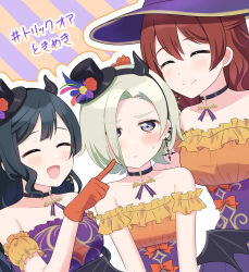  3girls absurdres armpit_crease bare_shoulders black_choker black_hair black_hairband black_hat breasts brown_hair choker collarbone commentary_request diagonal-striped_background dress emma_verde fake_horns grey_hair hairband half_updo hat highres horn_hairband horns ishimochi_(daleka333) large_breasts long_hair love_live! love_live!_nijigasaki_high_school_idol_club love_live!_school_idol_festival_all_stars mia_taylor mini_hat mini_top_hat multiple_girls nijigasaki_halloween_(love_live!) off-shoulder_shirt off_shoulder orange_background orange_shirt purple_background purple_dress purple_hat purple_skirt shirt short_hair skirt striped_background top_hat two-tone_background witch_hat yuki_setsuna 