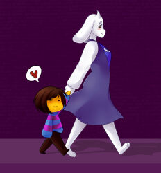  1girl 1other 2016 2d absurdres age_difference ambiguous_gender animal_ears annalee-sama anthro barefoot blue_sweater body_fur brown_eyes brown_hair brown_pants child commentary digital_media double_horizontal_stripe droopy_ears duo english_commentary female floppy_ears frisk_(undertale) full_body furry furry_female goat goat_ears goat_girl goat_horns heart height_difference highres holding_hands horizontal-striped_clothes horns human long_sleeves making-of_available mammal monster monster_girl painttool_sai_(medium) pants pink_stripes purple_background short_hair simple_background smile spoken_heart striped_clothes striped_sweater sweater toriel two-tone_sweater undertale utdr_(toby_fox) walking white_fur white_horns 