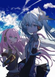  2girls :o arm_tattoo armband backlighting bare_shoulders belt bird black_skirt black_sleeves blue_eyes blue_hair blue_necktie blurry blurry_background closed_mouth clouds collared_shirt commentary day detached_sleeves dot_mouth expressionless facing_to_the_side grey_shirt hair_between_eyes hatsune_miku headphones highres long_hair looking_at_viewer megurine_luka multiple_girls navel necktie number_tattoo open_mouth outdoors photo_background pink_hair pleated_skirt ria_art shirt single_bare_arm single_detached_sleeve skirt sky sleeveless sleeveless_shirt standing tattoo untranslatable_commentary upper_body vocaloid wide_sleeves wind 