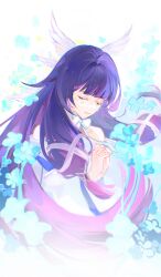  1girl absurdres bare_shoulders black_hair blue_flower bow chinese_commentary closed_eyes closed_mouth columbina_(genshin_impact) commentary_request dress eye_mask floating_hair flower genshin_impact hair_ribbon head_wings highres interlocked_fingers long_hair mask multicolored_hair own_hands_clasped own_hands_together purple_hair ribbon solo two-tone_hair upper_body white_bow white_dress white_ribbon white_wings wings xiuxiuxiu99900 