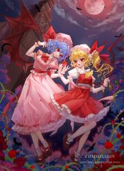  2girls 80isiiii absurdres ascot bat_(animal) bat_wings blonde_hair blue_hair brooch clock clock_tower commission crystal crystal_wings flandre_scarlet frilled_skirt frills full_body full_moon hat hat_ribbon highres jewelry mary_janes mob_cap moon multicolored_wings multiple_girls night one_side_up pink_hat plant pointy_ears puffy_short_sleeves puffy_sleeves red_ascot red_eyes red_moon red_shoes red_skirt red_vest remilia_scarlet ribbon shoes short_hair short_sleeves siblings sisters skirt skirt_set sky socks touhou tower twitter_username vest vines watermark white_hat white_socks wings wrist_cuffs yellow_ascot 