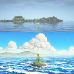  benii21 clouds commentary cumulonimbus_cloud english_commentary flower highres hill island landscape leaf minecraft no_humans ocean outdoors plant plant_focus reference_inset sunflower waves 