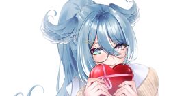  1girl absurdres amiraaaetsu aqua_eyes blue_hair box box_of_chocolates chocolate commentary cross-shaped_pupils elira_pendora elira_pendora_(3rd_costume) food glasses head_wings heterochromia high_ponytail highres holding holding_chocolate holding_food long_hair looking_at_viewer nijisanji nijisanji_en ponytail portrait simple_background smile solo symbol-shaped_pupils untranslatable_commentary violet_eyes virtual_youtuber white_background wings 