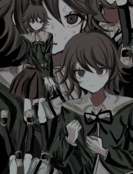  1boy :o black_ribbon black_socks brown_hair brown_skirt clenched_hands commentary_request danganronpa:_trigger_happy_havoc danganronpa_(series) egao_(nsazrs) frown fujisaki_chihiro highres kneehighs long_sleeves miniskirt neck_ribbon open_mouth pleated_skirt ribbon short_hair skirt socks sweat trap 