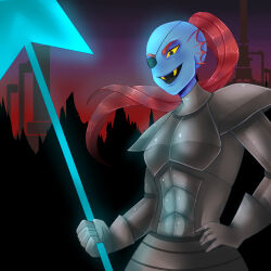  1:1 1girl 2016 2d annalee-sama anthro armor black_eyepatch blue_skin breastplate colored_sclera colored_skin colored_teeth commentary digital_media ear_fins english_commentary eyepatch female female_only fins fish fish_girl gauntlets head_fins high_ponytail highres holding holding_polearm holding_spear holding_weapon long_hair making-of_available monster monster_girl open_mouth painttool_sai_(medium) pauldrons polearm ponytail red_background red_hair sharp_teeth simple_background slit_pupils solo spear standing teeth undertale undyne upper_body utdr_(toby_fox) weapon yellow_sclera yellow_teeth 