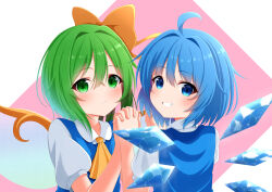 2girls absurdres ahoge ascot blue_bow blue_dress blue_eyes blue_hair blush bow cirno cirno_day collared_shirt commentary_request daiyousei detached_wings dress fairy fairy_wings green_eyes green_hair grin hair_bow highres holding_hands ice ice_wings interlocked_fingers looking_at_viewer medium_hair multiple_girls pinafore_dress puffy_short_sleeves puffy_sleeves rense_1010_(number_nanashi) shirt short_sleeves sleeveless sleeveless_dress smile touhou white_shirt wings yellow_ascot yellow_bow 