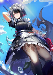  1girl azuki_pii black_dress black_hair black_pantyhose blue_eyes candy colored_inner_hair day dress ellen_joe fins fish_tail food hairband highres holding holding_weapon lollipop lollipop_in_mouth long_hair maid maid_headdress metal_hairband mole mole_under_eye multicolored_hair orange_eyes outdoors pantyhose razor_blade_hair_ornament scar scar_on_tail shark_girl shark_tail short_hair short_sleeves solo spiked_headband tail very_long_hair weapon zenless_zone_zero 