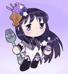  1girl akemi_homura akemi_homura_(magical_girl) beebeedibapbeediboop black_hair blueberry_hair_ornament blush bow chibi chibi_only food food-themed_hair_ornament fork fruit hair_ornament hairband highres holding holding_fork long_hair magical_girl mahou_shoujo_madoka_magica mahou_shoujo_madoka_magica_(anime) skirt smile solo violet_eyes 