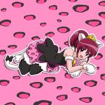  1girl :d aino_megumi animal_ears bell black_legwear bow cat_ears cat_tail crown gloves happinesscharge_precure! jingle_bell kemonomimi_mode lying niita on_side open_mouth panther_pink_(precure) pantyhose pink_background pink_eyes pink_hair pink_skirt precure short_hair skirt smile solo tail 