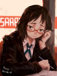  1girl absurdres black_eyes black_hair black_jacket commentary dated day english_commentary glasses head_rest highres holding holding_pencil indoors jacket jimiko looking_at_viewer manga_(object) medium_hair noy00713 original pencil red-framed_eyewear school_uniform upper_body 