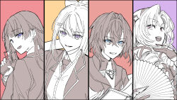  4girls :d absurdres ange_katrina ange_katrina_(1st_costume) blue_eyes book braid claw_ring collared_shirt column_lineup commentary_request crossed_bangs drill_hair folding_fan gloves greyscale_with_colored_background gun hair_between_eyes hair_intakes hair_ribbon half_gloves half_up_braid hand_fan hand_up handgun highres higuchi_kaede higuchi_kaede_(1st_costume) holding holding_book holding_fan holding_gun holding_weapon hyakumantenbara_salome hyakumantenbara_salome_(1st_costume) jacket lapels long_bangs long_hair looking_at_viewer medium_hair multiple_girls necktie nijisanji notched_lapels open_book open_mouth pink_eyes purple_background red_background rencoeur ribbon shirt sketch smile spot_color tsukino_mito tsukino_mito_(1st_costume) violet_eyes virtual_youtuber weapon yellow_background 