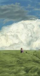  2girls black_capelet black_hat black_skirt blonde_hair blue_sky bow brown_hair capelet clouds cloudy_sky collared_dress collared_shirt commentary_request contrast_collar dress full_body grass hashtag-only_commentary hat hat_bow highres long_sleeves maribel_hearn multiple_girls necktie no_headwear purple_dress red_necktie shirt short_sleeves skirt sky standing touhou unworn_hat unworn_headwear usami_renko white_bow white_shirt wide_shot ykkiysccc 