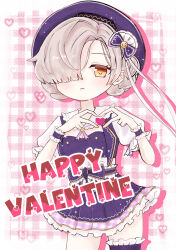 1girl absurdres azur_lane beret blue_hat closed_mouth commentary_request dress expressionless frilled_dress frills grey_hair hair_over_one_eye hands_up happy_valentine hat heart heart_hands highres i_upiyo01 orange_eyes sheffield_(azur_lane) short_dress short_hair solo 
