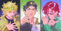  3boys bben_nim black_hair blonde_hair blue_eyes chain cigarette coat commentary_request crossed_wrists dio_brando earrings eyelashes fangs fingernails gakuran green_lips hat highres jewelry jojo_no_kimyou_na_bouken kakyoin_noriaki kujo_jotaro lipstick long_fingernails long_hair looking_at_viewer makeup male_focus medium_hair multiple_boys nail_polish open_mouth photo_(medium) portrait postcard_(medium) red_eyes red_hair school_uniform shirt short_hair smile smoking stardust_crusaders stud_earrings sunglasses vampire violet_eyes 