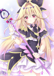  1girl antenna_hair black_bow black_bowtie black_capelet black_dress blonde_hair bow bowtie brooch capelet commentary_request cowboy_shot crossed_bangs cure_arcana_shadow diamond_hairband dress earrings frilled_capelet frills gradient_hair hair_between_eyes hair_bow hair_intakes heart heart_brooch highres holding holding_staff jewelry korie_riko long_hair looking_at_viewer magical_girl meitantei_precure! moria_luluka multicolored_hair nail_polish parted_lips pink_hair precure purple_nails purple_veil red_eyes solo staff tear_arcana_rod two-tone_hair veil very_long_hair white_wrist_cuffs wrist_cuffs 