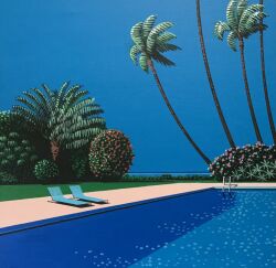  blue_sky bush commentary_request day grass highres hiroshi_nagai horizon no_humans ocean original outdoors palm_tree pool pool_ladder sky traditional_media tree water 
