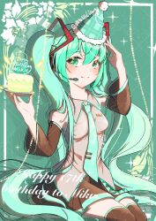  1girl absurdly_long_hair absurdres aqua_background aqua_eyes aqua_hair aqua_hat aqua_necktie bare_shoulders birthday birthday_cake black_skirt black_sleeves black_thighhighs breast_pocket breasts cake character_name chinese_commentary closed_mouth collared_shirt commentary_request cowboy_shot detached_sleeves english_text eyelashes flower food fur-trimmed_headwear fur_trim grey_shirt hair_between_eyes hair_ornament hand_on_own_head happy happy_birthday hat hatsune_miku headset highres holding holding_plate lace-trimmed_shirt lace_trim light_blush long_hair long_sleeves looking_at_viewer medium_breasts miniskirt moyu_de_liang necktie notice_lines outside_border party_hat picture_frame plate pleated_skirt pocket pointy_nose pom_pom_(clothes) shadow shirt sitting skirt smile sparkle thigh-highs tie_clip twintails very_long_hair vocaloid watermark watermark_grid wavy_hair white_flower 