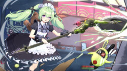  ! !! 1girl absurdres amillion_(zenless_zone_zero) animal_bag bangboo_(zenless_zone_zero) bear_bag black_boots black_dress black_nails boots chinese_commentary circular_saw commentary_request corin_wickes cuffs dress green_hair hair_between_eyes highres holding holding_weapon jiuchong_ying_fengxue knee_boots long_hair maid maid_headdress outdoors puffy_short_sleeves puffy_sleeves saw screw_hair_ornament short_sleeves twintails violet_eyes weapon zenless_zone_zero 