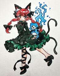  1girl :3 animal_ear_fluff animal_ears black_shoes blunt_bangs bow braid cat_ears cat_tail commentary_request dress extra_ears fire flaming_skull floating_skull footwear_bow frilled_dress frills full_body green_dress hair_bow highres holding holding_skull kaenbyou_rin key747h leg_ribbon long_sleeves multiple_hair_bows multiple_tails nekomata painting_(medium) red_eyes red_hair red_ribbon ribbon shoes skull solo tail touhou traditional_media twin_braids two_tails 