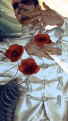  1boy black_hair clenched_teeth duke_kleist facial_hair flower forehead_protector goatee golden_kamuy hand_on_own_chest highres jacket long_sleeves male_focus mustache open_mouth red_flower scar scar_on_face short_hair solo teeth tsurumi_tokushirou upper_body veins 