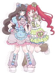  2girls animal_ears bear_ears blue_dress blue_eyes brown_hair cat_ears cha_(ntrikti) closed_mouth commentary_request dress fake_animal_ears frilled_dress frills full_body green_dress hand_on_own_hip highres idol_clothes kurosu_aroma leg_warmers long_hair multiple_girls pretty_series pripara puffy_short_sleeves puffy_sleeves red_hair shiratama_mikan shoes short_dress short_sleeves smile standing standing_on_one_leg twintails white_shoes wrist_cuffs 